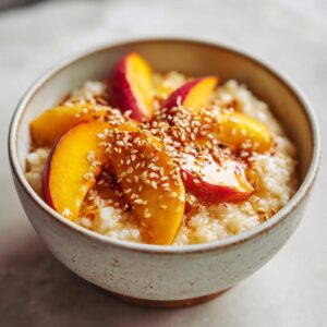 A close-up of a bowl of Peach Sticky Rice topped with fresh peach slices and sesame seeds.