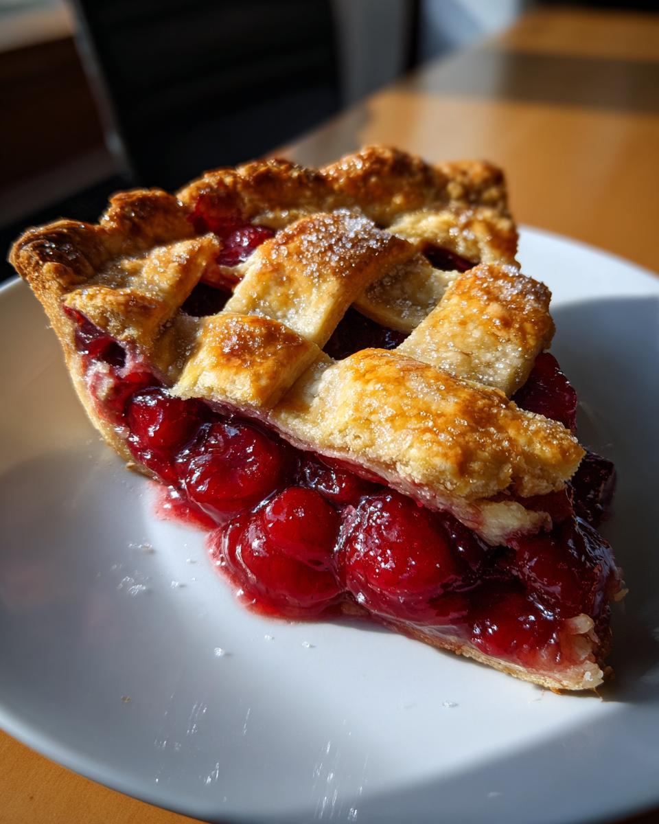 A close-up of a slice of perfect cherry pie with a golden lattice crust, filled with juicy cherries.