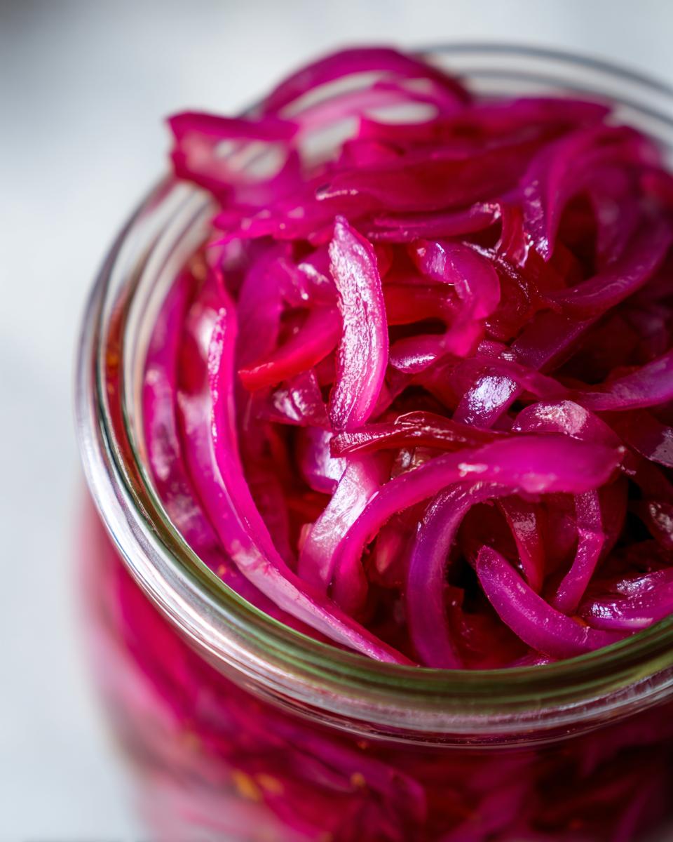 Close-up of bright pink pickled red onions packed tightly in a glass jar.