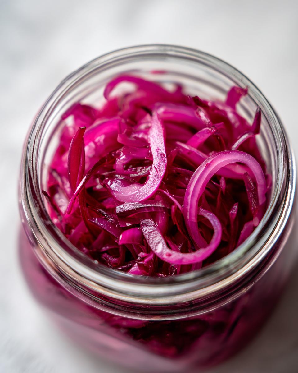 Close-up overhead view of a glass jar filled with vibrant pickled red onions.
