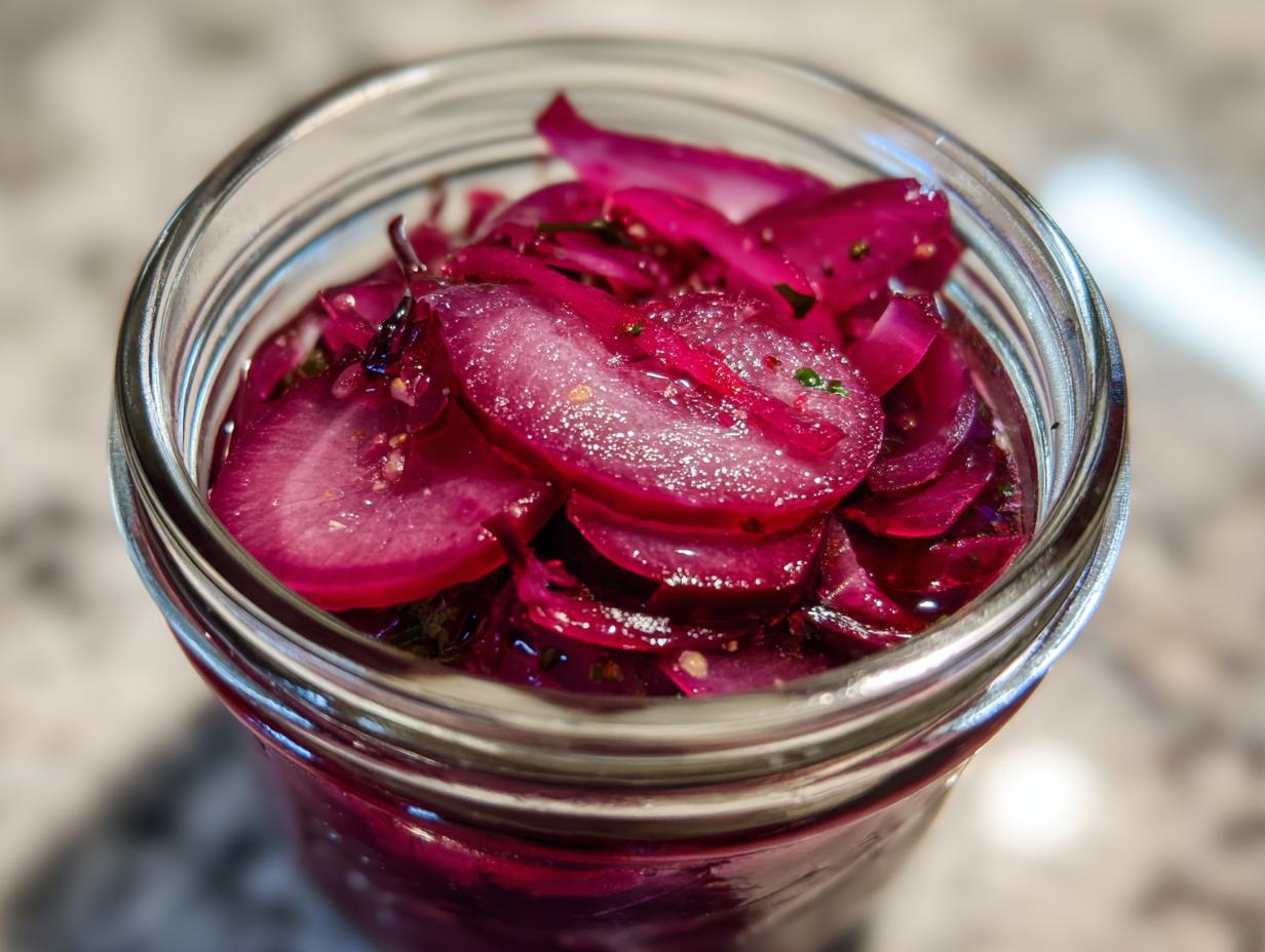 A close-up shot of bright pink pickled red onions in a glass jar, seasoned with herbs and spices.