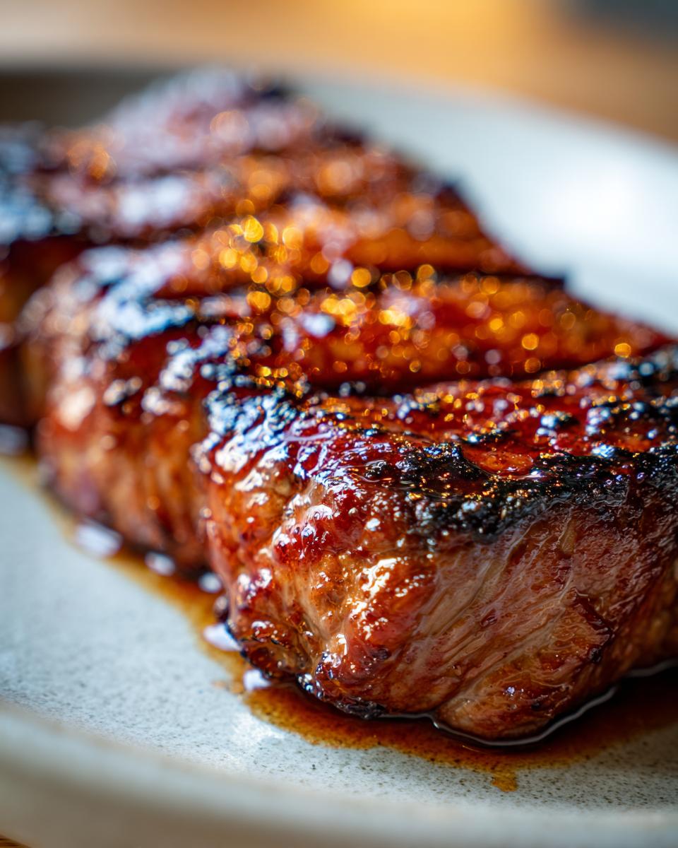 Close-up of a perfectly cooked, juicy pork steak recipe with a glossy glaze.