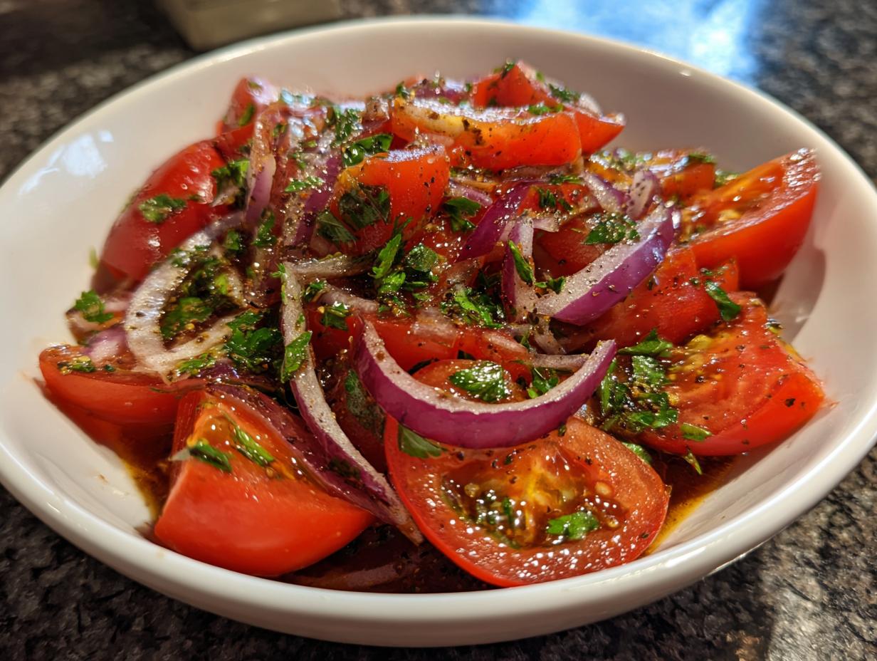 A close-up of a vibrant Portuguese tomato salad with sliced red onions and fresh parsley, dressed in a rich vinaigrette.