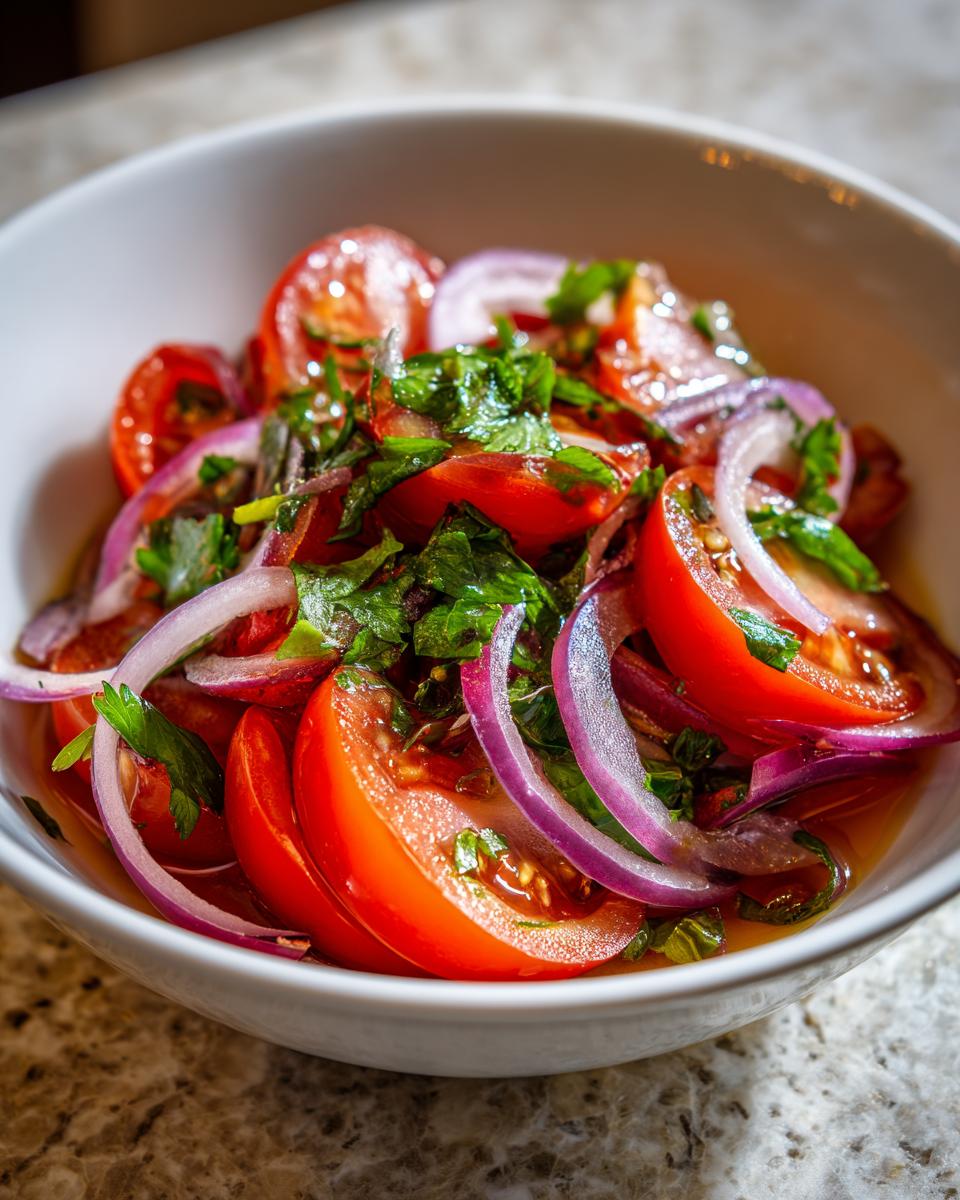Close-up of a vibrant Portuguese tomato salad with sliced red onions and fresh parsley in a white bowl.
