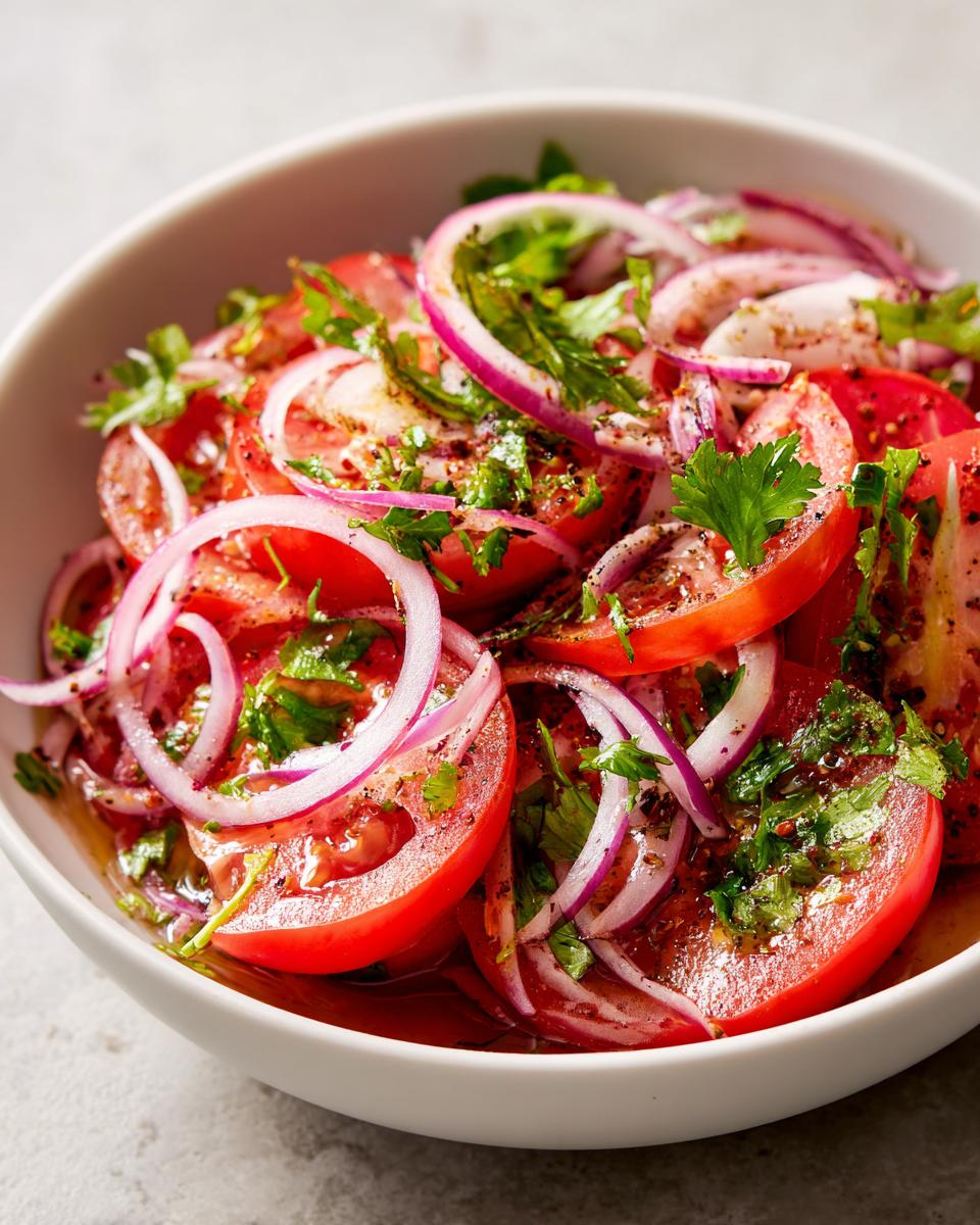 Close-up of a vibrant Portuguese tomato salad with sliced red onions and fresh parsley.