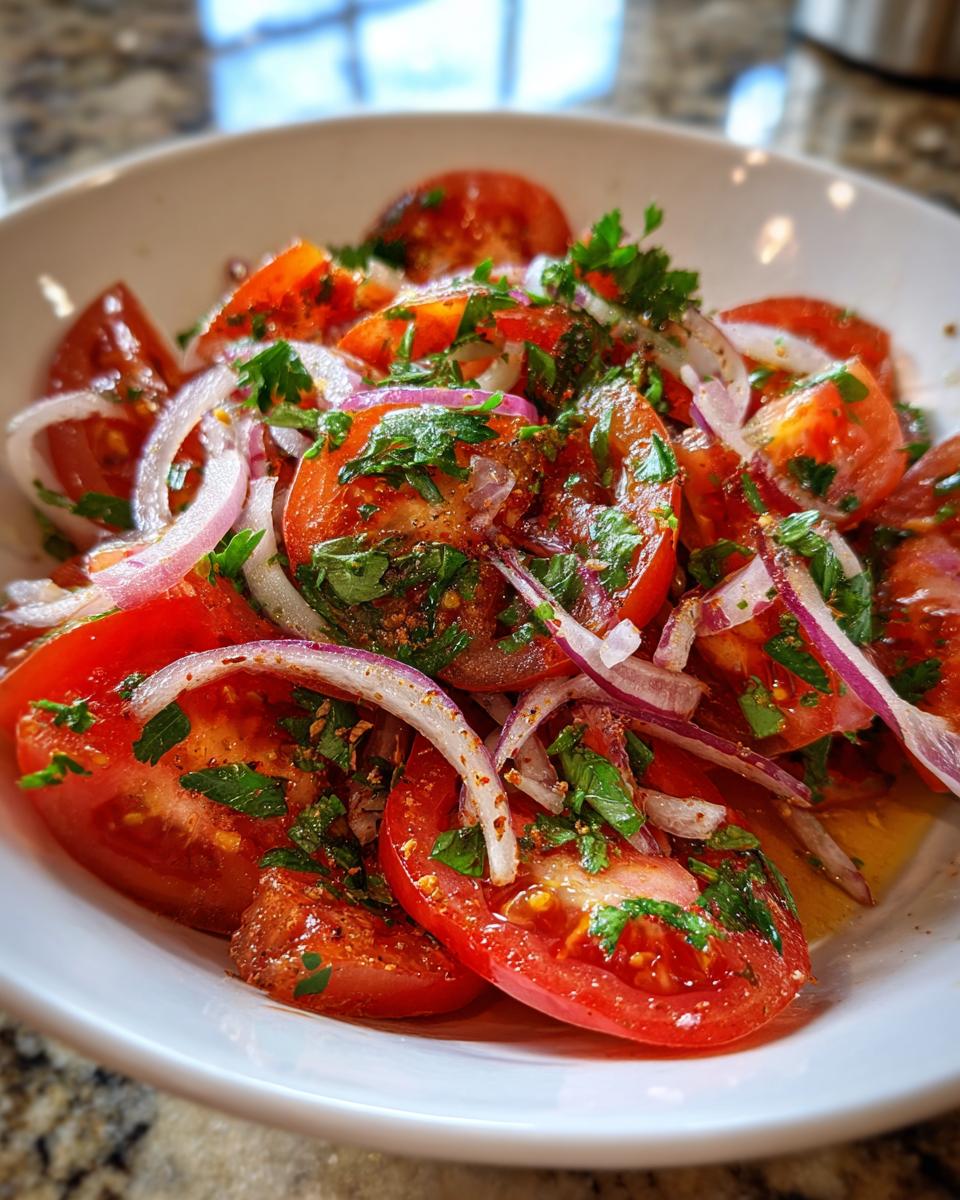 Close-up of a vibrant Portuguese tomato salad with sliced red onions and fresh parsley.