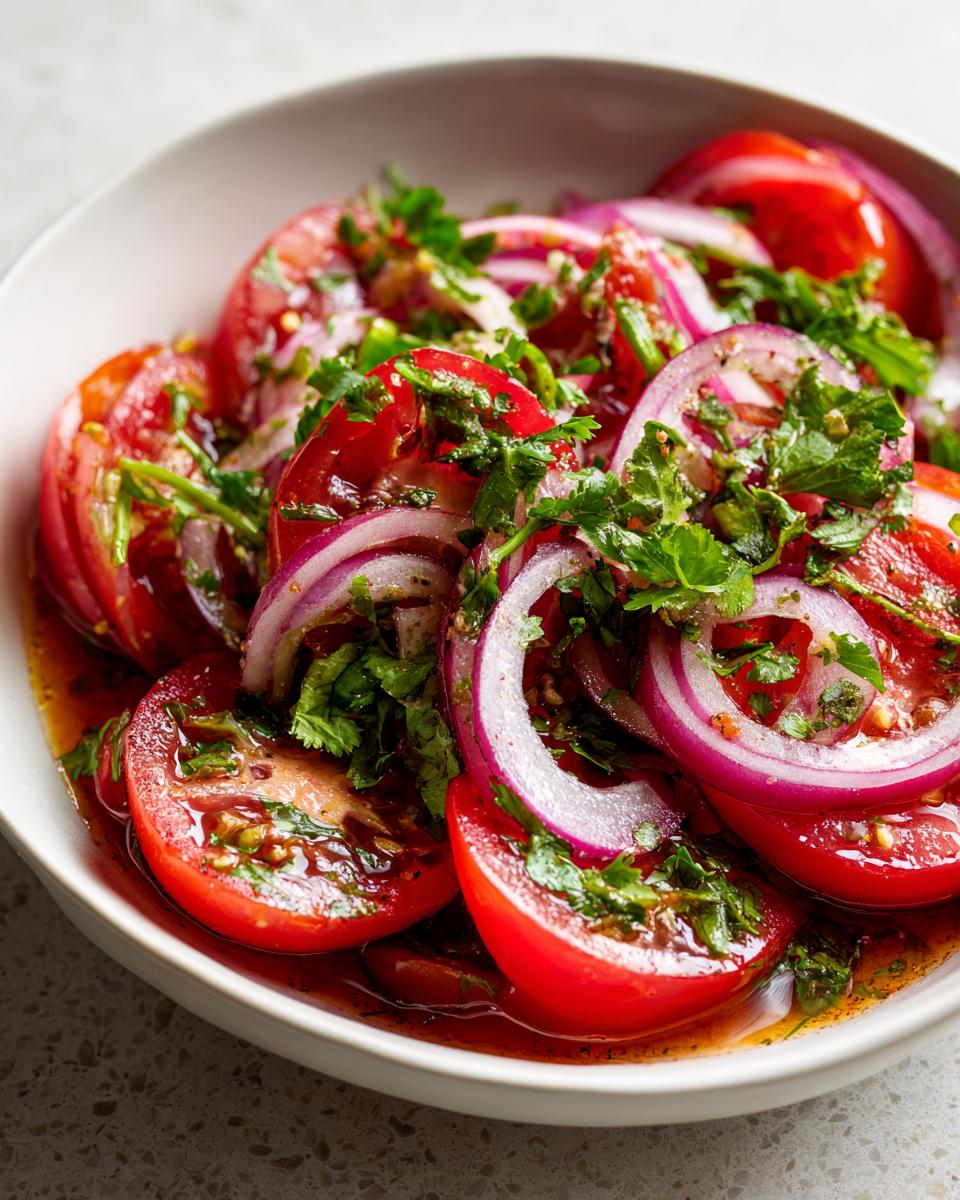 Close-up of a vibrant Portuguese tomato salad with sliced red onions and fresh herbs in a white bowl.