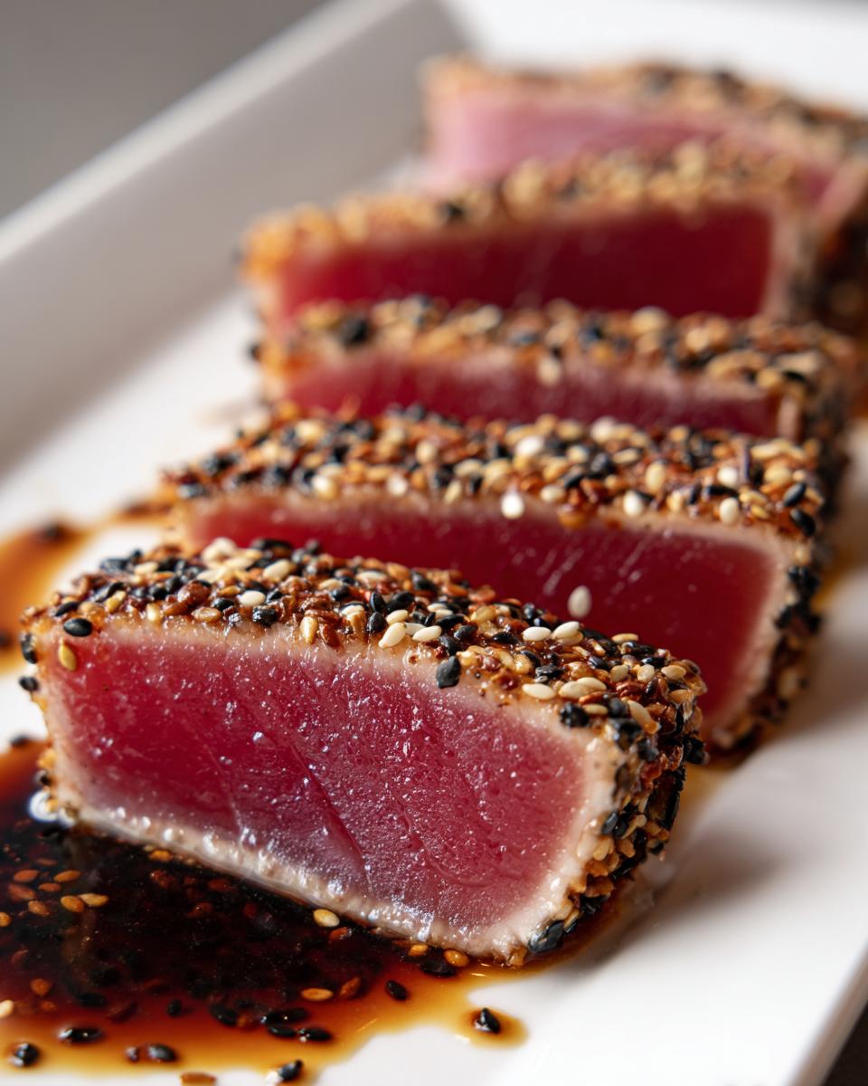 Close-up of perfectly seared ahi tuna steaks coated in a sesame seed crust, served with a glistening sauce.