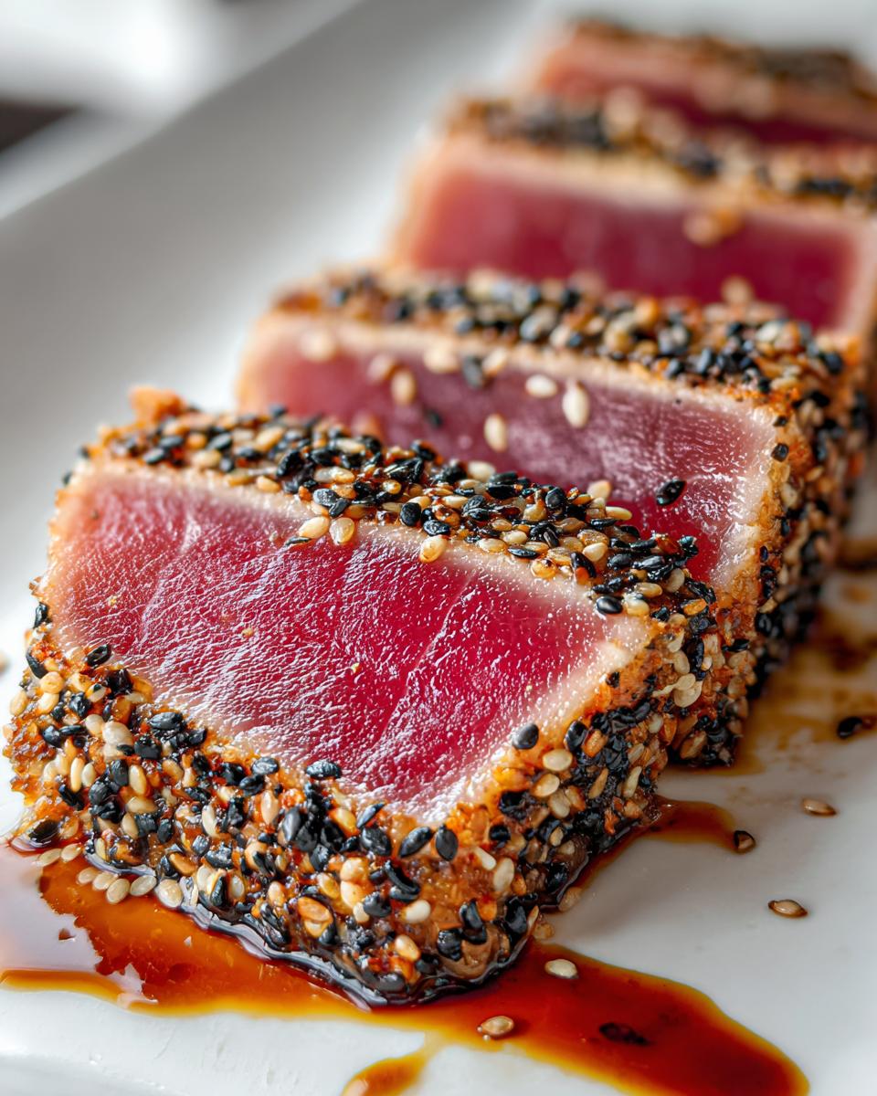 Close-up of perfectly seared ahi tuna steaks coated in a black and white sesame seed crust, served with a rich sauce.