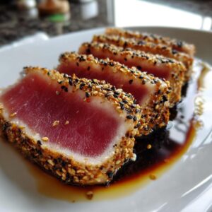 Close-up of perfectly seared ahi tuna slices, coated in a sesame seed crust, served with a dark sauce.