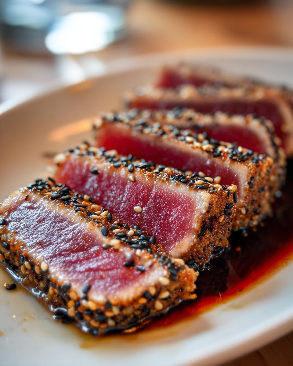 Close-up of perfectly seared ahi tuna slices, coated in sesame seeds and served in a rich sauce.