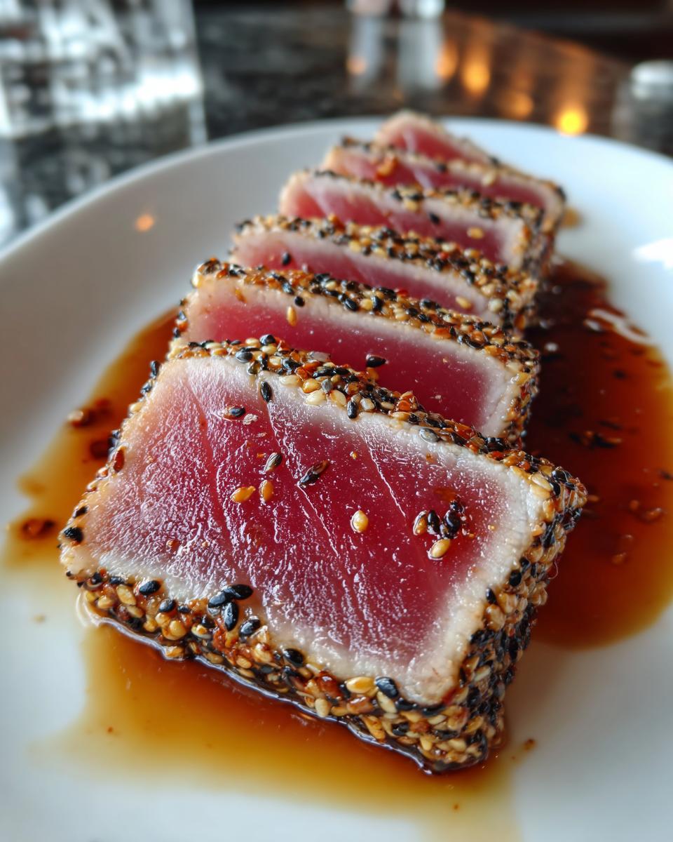 Close-up of sliced Seared Ahi Tuna coated in sesame seeds, served with a savory sauce.