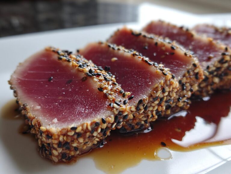 Close-up of sliced seared ahi tuna coated in sesame seeds, served with a savory sauce.