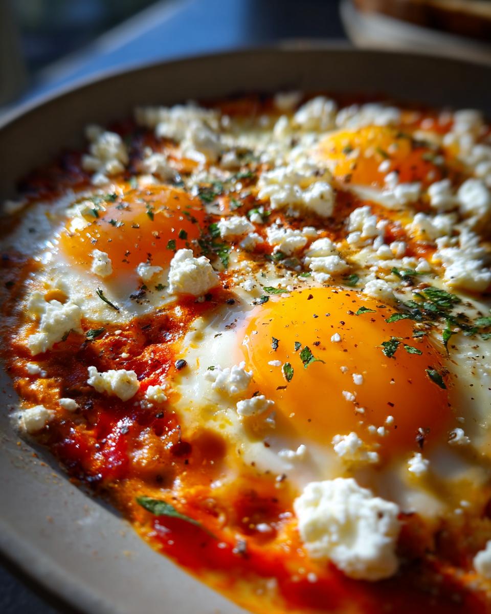 Close-up of a pan of Shakshuka with Feta, featuring perfectly cooked eggs in a rich tomato sauce, topped with crumbled feta cheese and fresh herbs.
