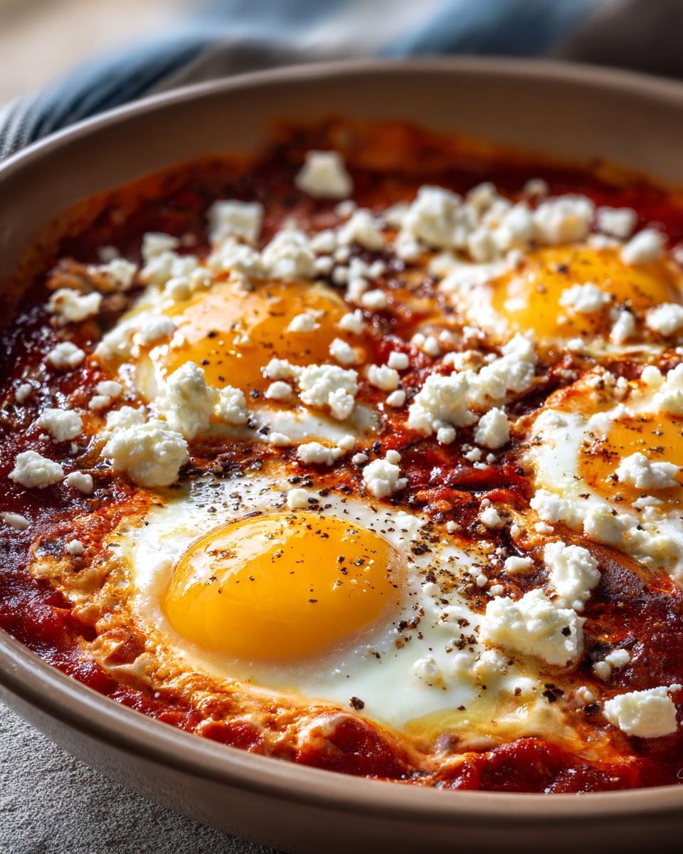 Close-up of Shakshuka with Feta, showing perfectly cooked eggs in a rich tomato sauce, topped with crumbled feta cheese.