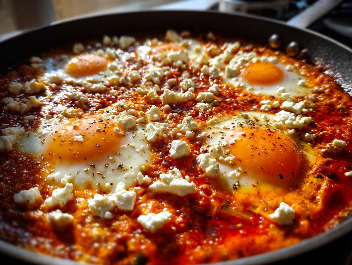 Close-up of a pan of Shakshuka with Feta, featuring perfectly poached eggs in a rich tomato sauce, topped with crumbled feta cheese and spices.