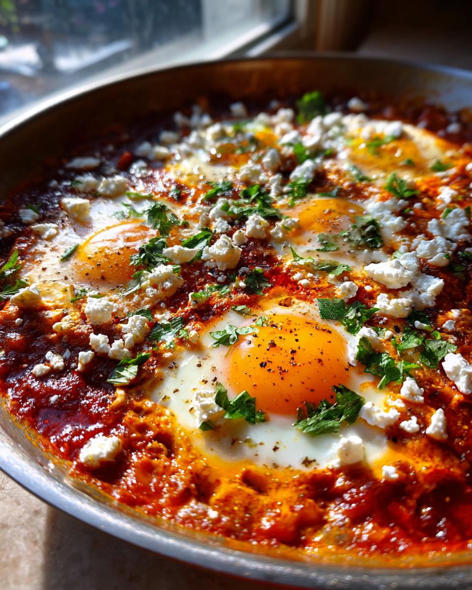 Close-up of a skillet filled with Shakshuka with Feta, featuring perfectly cooked eggs in a rich tomato sauce, topped with crumbled feta and fresh parsley.