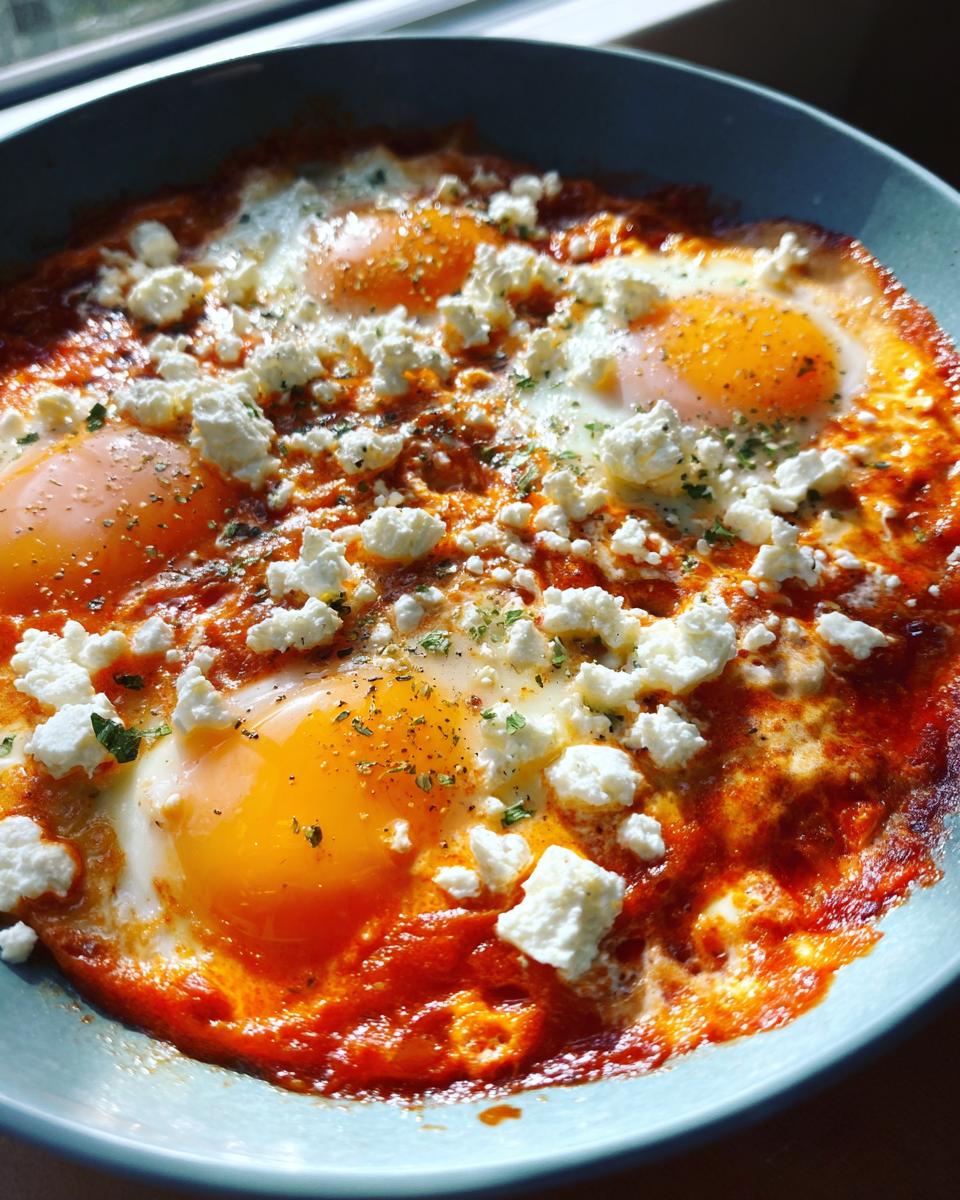 Close-up of Shakshuka with Feta, showing perfectly poached eggs nestled in a rich tomato sauce, topped with crumbled feta cheese and herbs.