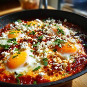A close-up of Shakshuka with Feta in a black skillet, featuring perfectly poached eggs in a rich tomato sauce, topped with crumbled feta cheese and fresh parsley.