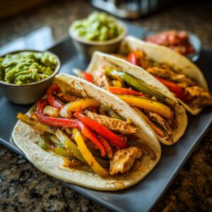 Three flavorful sheet pan fajitas filled with grilled chicken strips, red, yellow, and green bell peppers, and onions, served with guacamole.