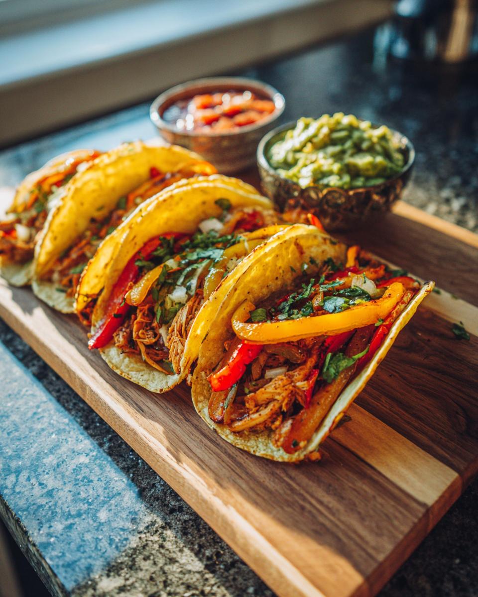 A close-up of four delicious sheet pan fajitas filled with shredded chicken, red and yellow bell peppers, and cilantro, served on a wooden board with salsa and guacamole.