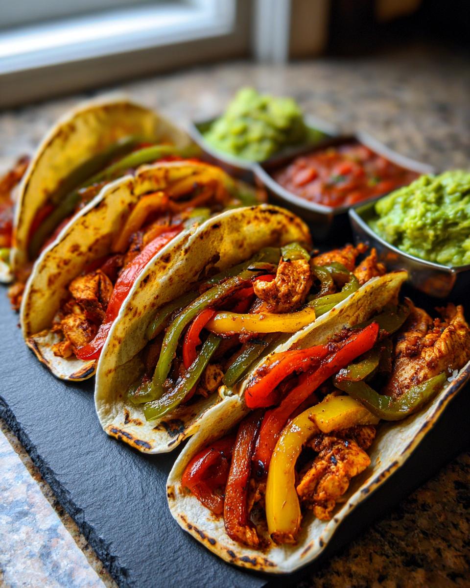 A close-up of three sheet pan fajitas filled with seasoned chicken, red, yellow, and green bell peppers.