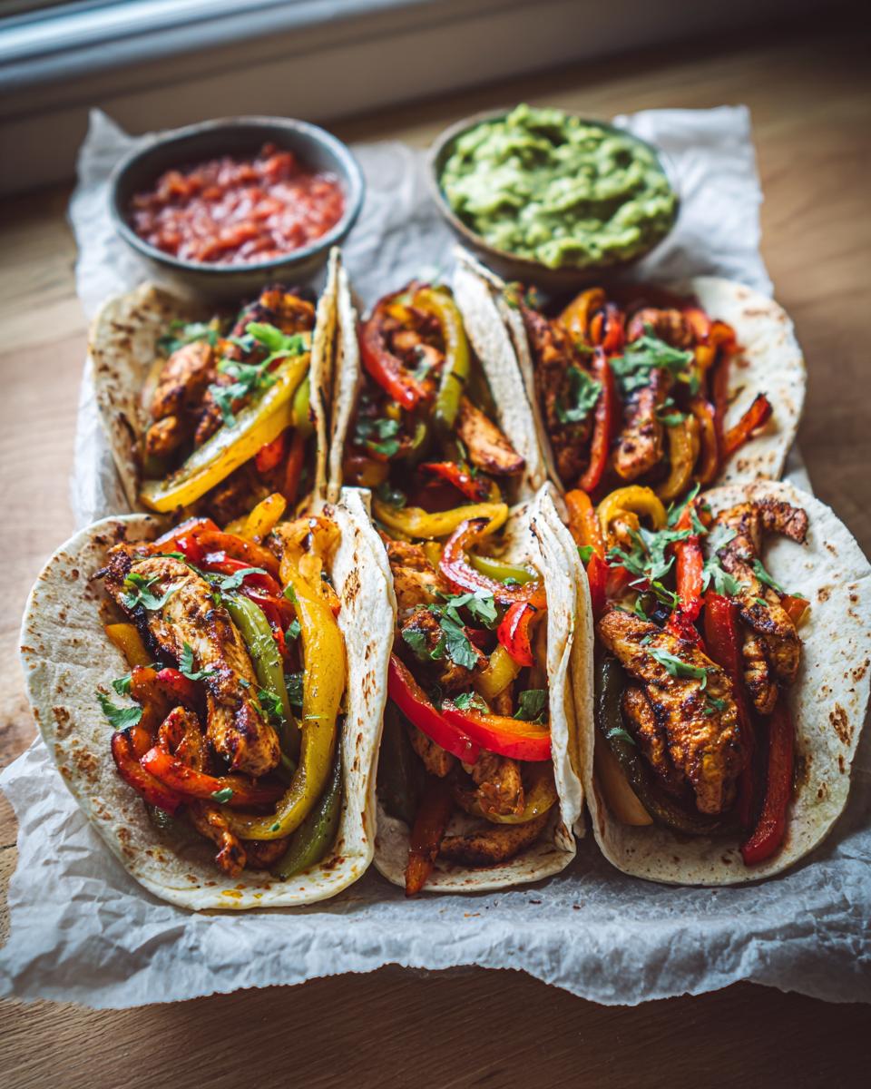 Close-up of three delicious sheet pan fajitas filled with grilled chicken, colorful bell peppers, and topped with cilantro.