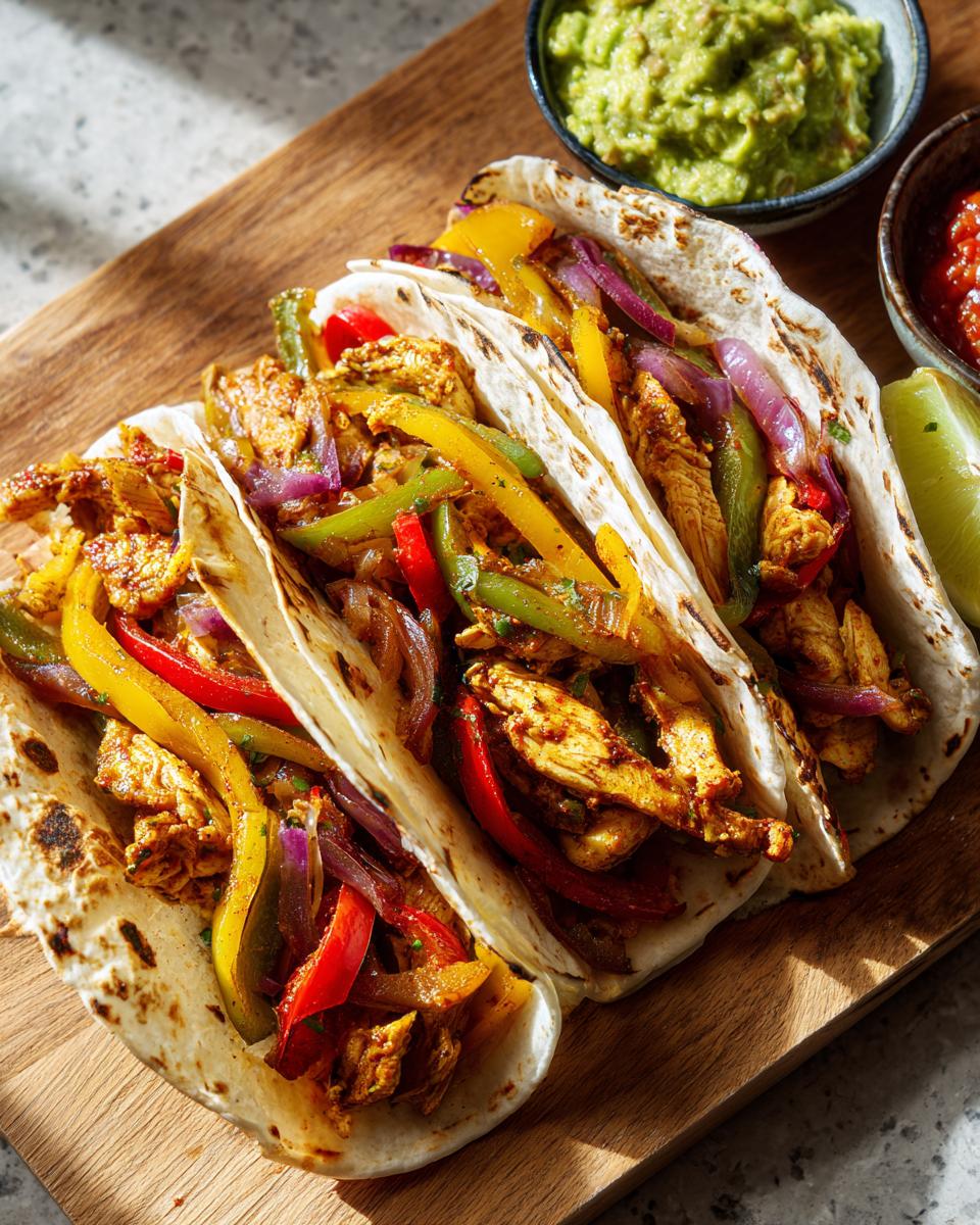 Three fully loaded sheet pan fajitas filled with seasoned chicken, bell peppers, and onions on a wooden board.