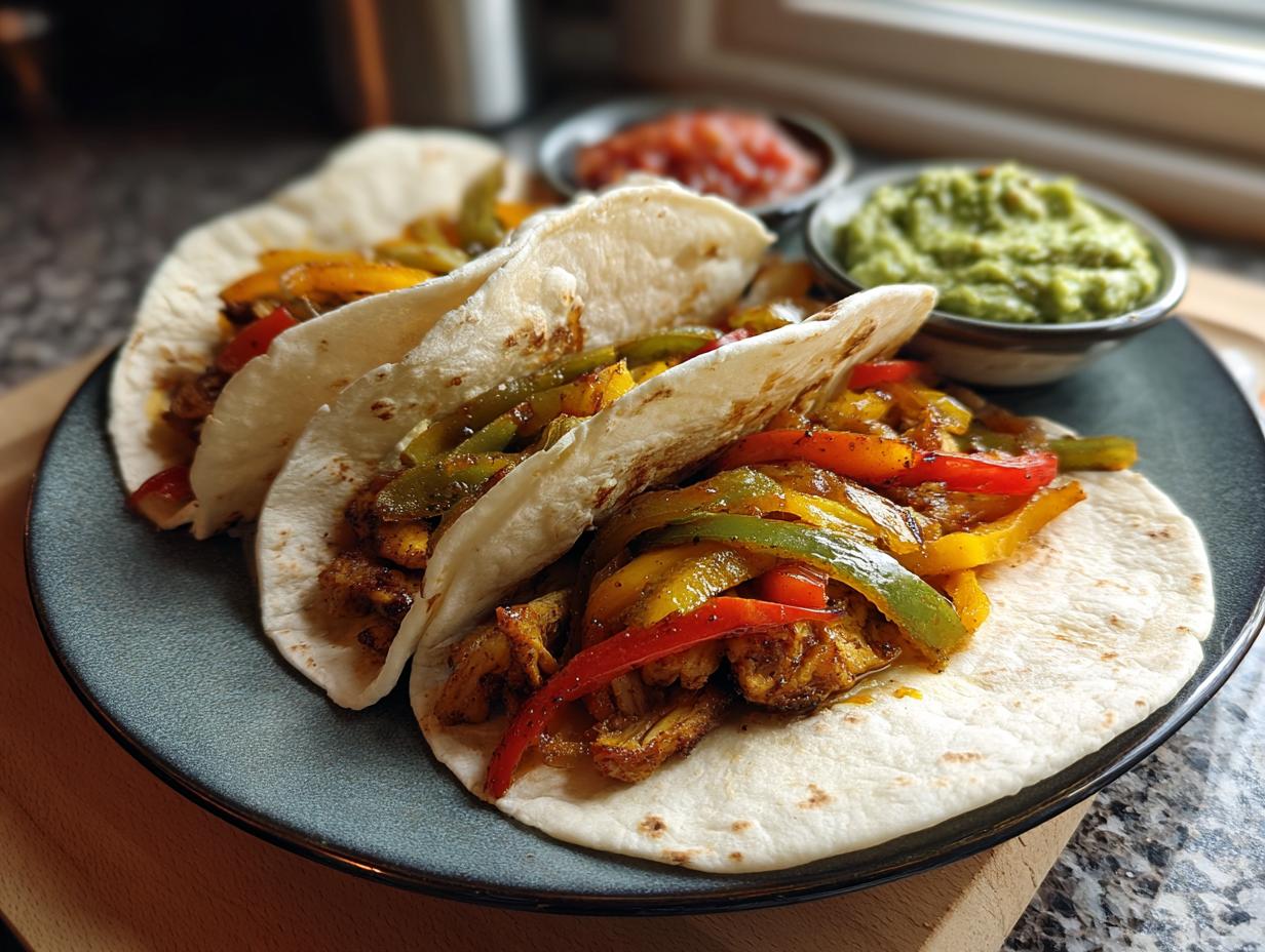 Three soft tortillas filled with colorful peppers and chicken, served with guacamole and salsa for sheet pan fajitas.
