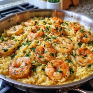 A close-up of succulent shrimp nestled in creamy orzo pasta, coated in a bright lemon garlic sauce and sprinkled with fresh parsley.