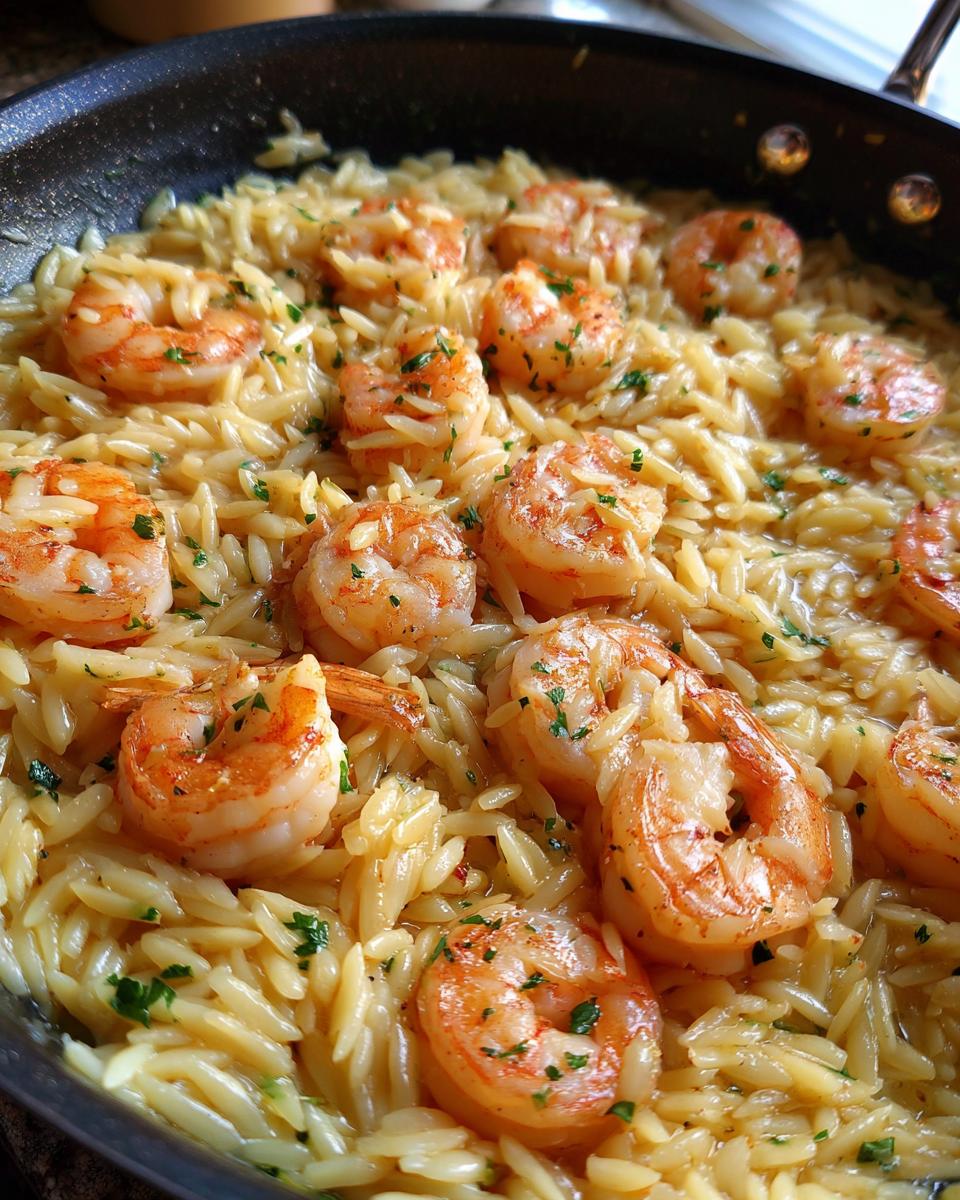 Close-up of succulent shrimp nestled in creamy orzo pasta with a lemon garlic sauce, garnished with parsley.