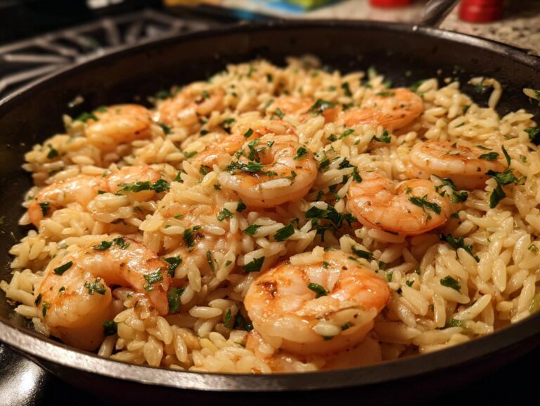 A close-up view of shrimp orzo in lemon garlic sauce, garnished with fresh parsley, served in a black skillet.