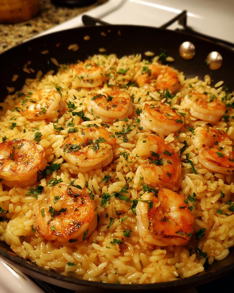 Close-up of succulent shrimp nestled in creamy orzo pasta with a lemon garlic sauce, garnished with fresh parsley.