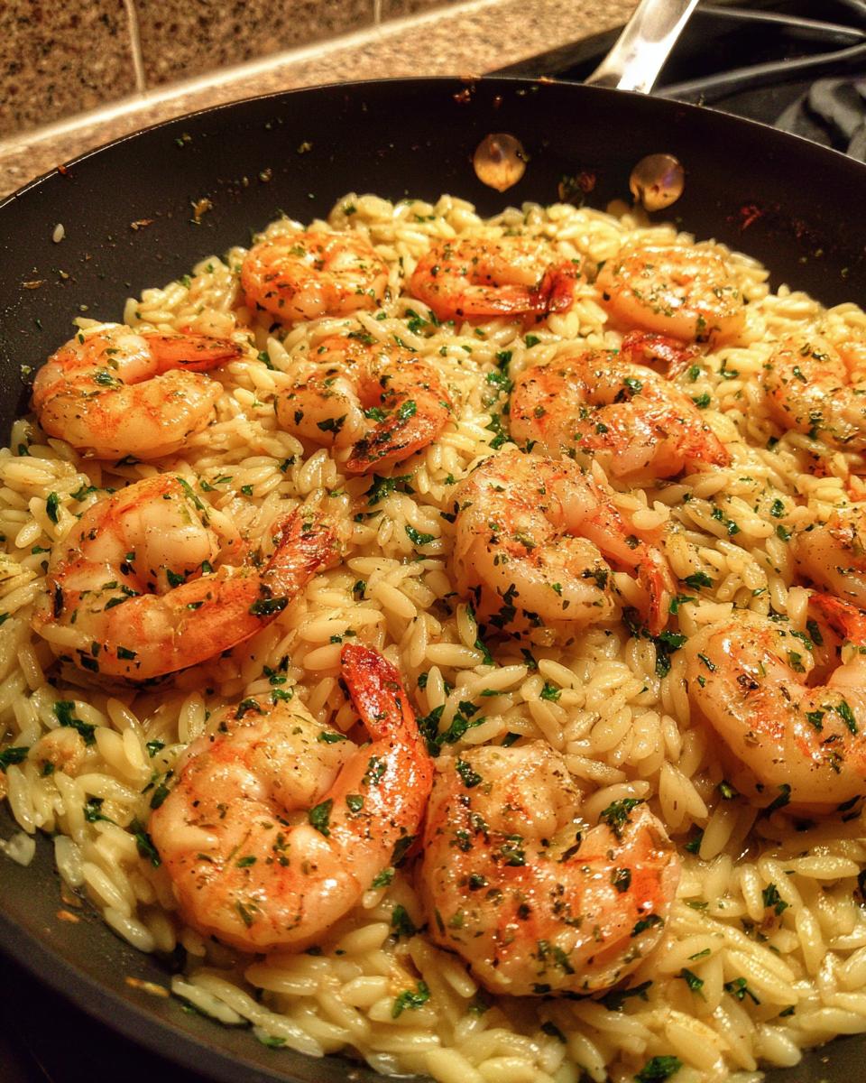 Close-up of succulent shrimp nestled in creamy orzo pasta with a lemon garlic sauce and fresh parsley.