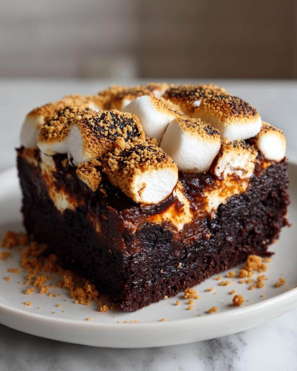 A close-up of a rich S'mores brownie slice topped with toasted marshmallows and graham cracker crumbs on a white plate.