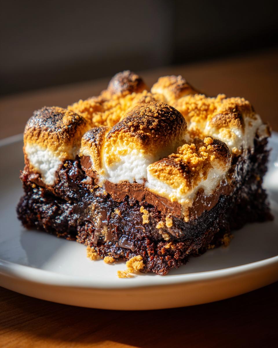 A close-up of a rich S'mores brownie topped with gooey, toasted marshmallows and graham cracker crumbs.