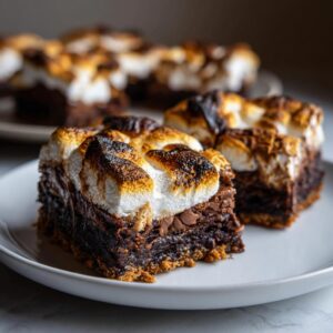 Close-up of rich S'mores brownies topped with perfectly toasted marshmallows on a white plate.