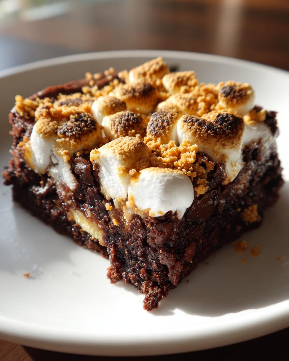 A close-up of a single slice of S'mores brownies topped with toasted marshmallows and graham cracker crumbs.