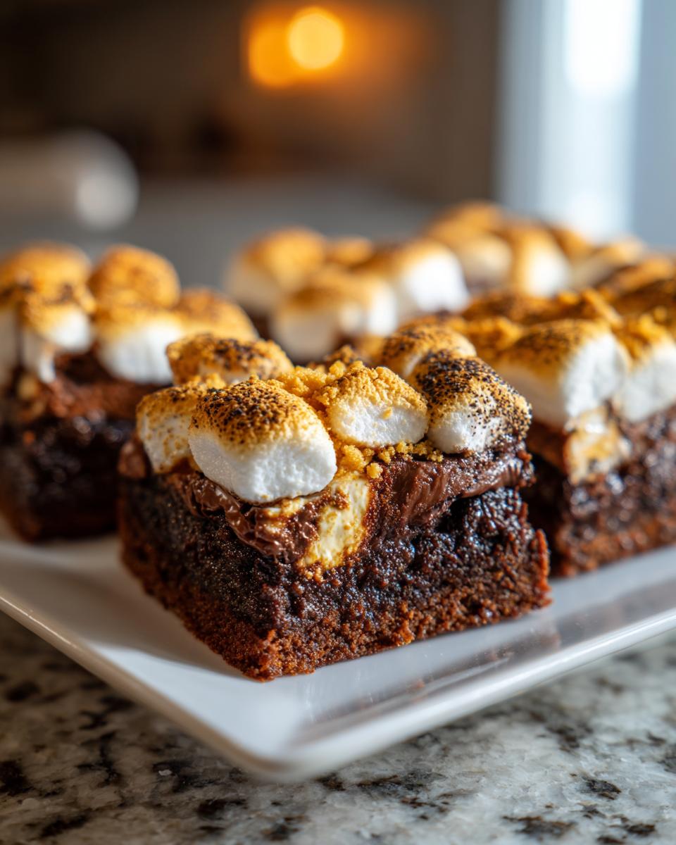 Close-up of rich S'mores brownies topped with gooey, toasted marshmallows and graham cracker crumbs.