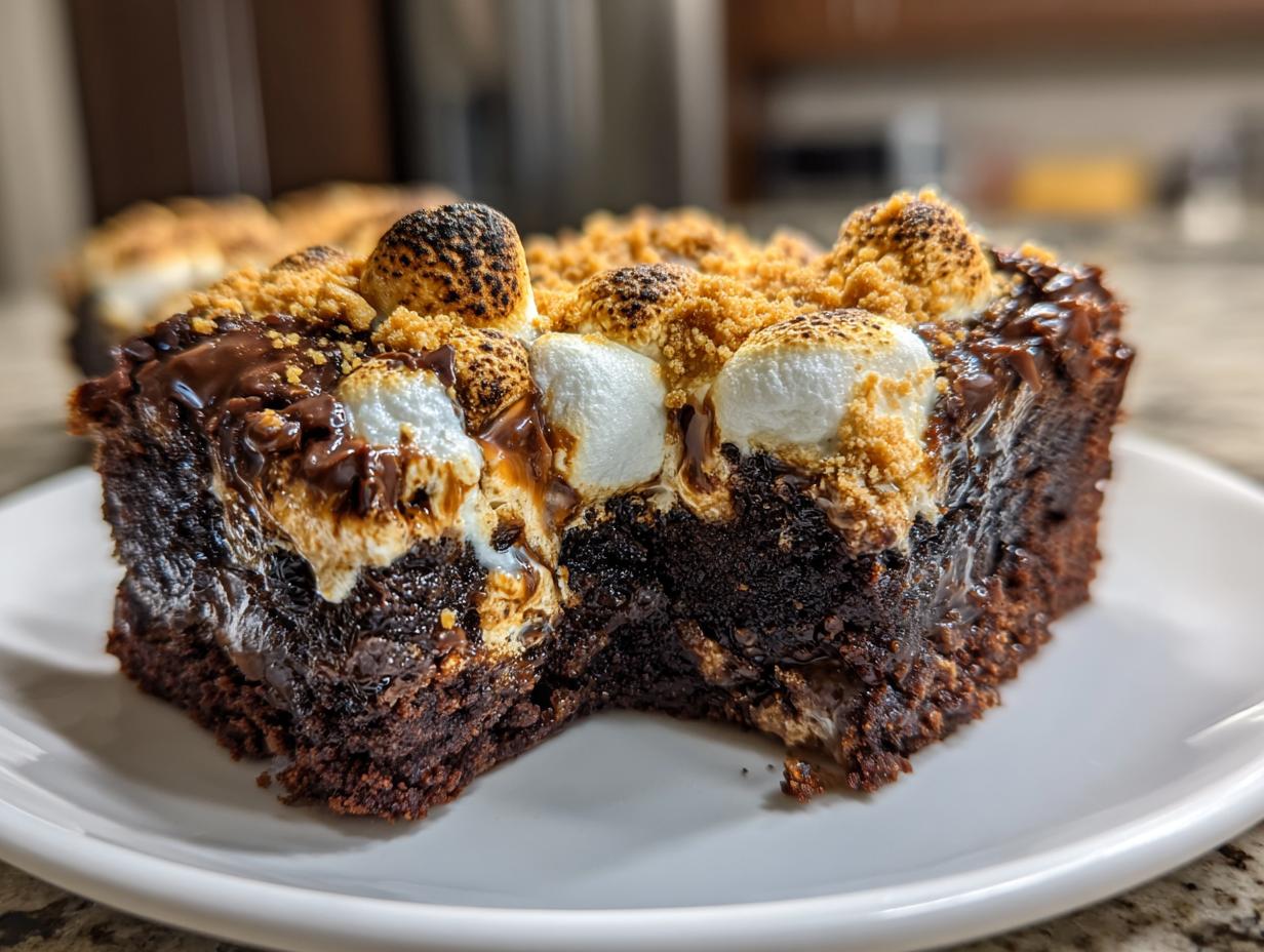 A close-up of a S'mores brownie on a white plate, featuring gooey toasted marshmallows, melted chocolate, and graham cracker crumbs.