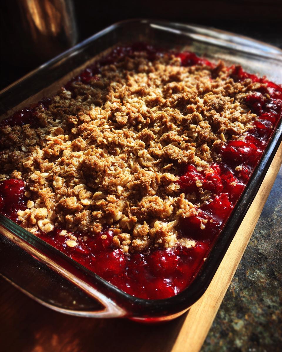 A close-up of a freshly baked sour cherry crisp in a glass baking dish, with a golden brown crumble topping.