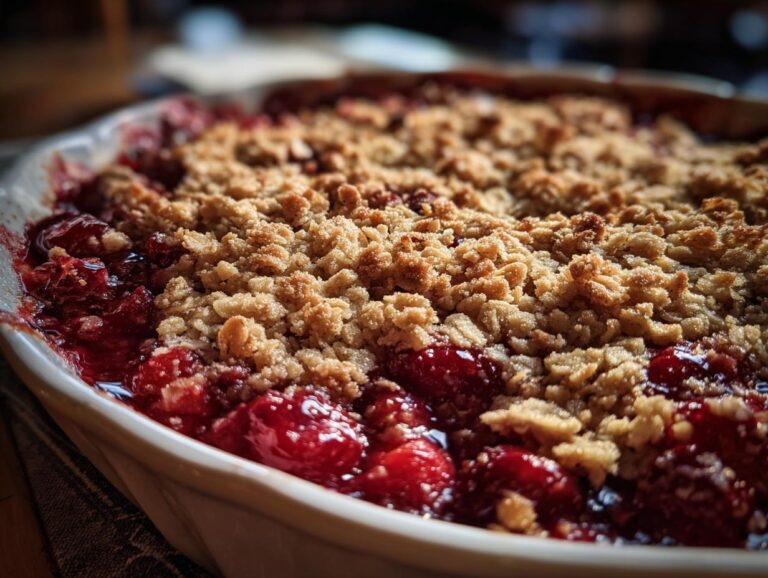 Close-up of a bubbling sour cherry crisp in a white baking dish, topped with golden brown crumble.