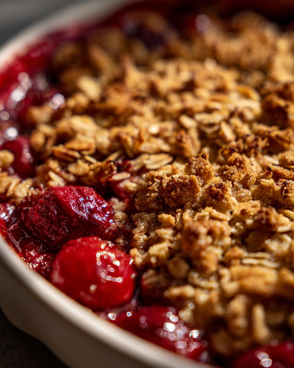 A close-up shot of a freshly baked sour cherry crisp with a golden oat topping and juicy cherries.