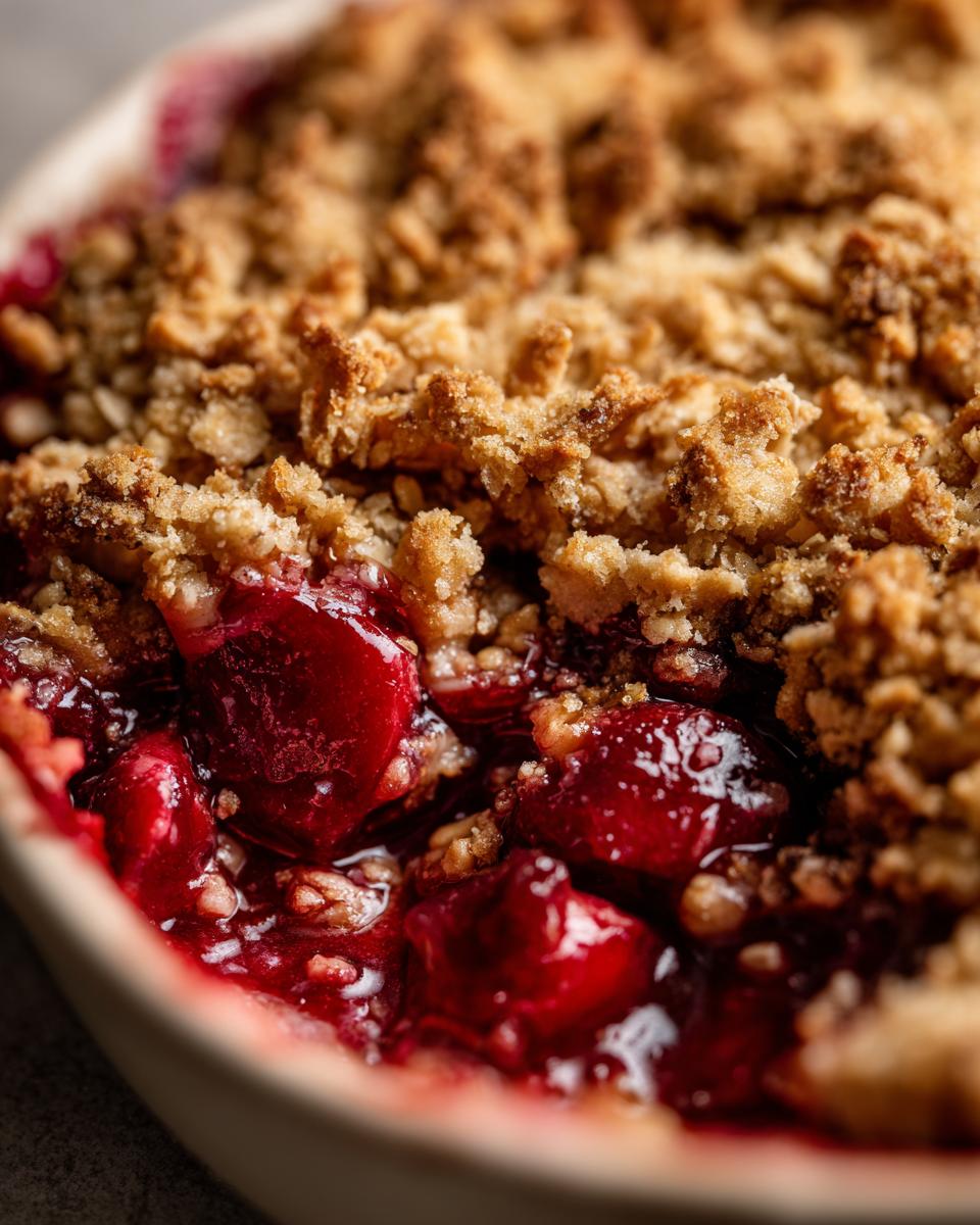 Close-up of a bubbling sour cherry crisp with a golden brown crumble topping.