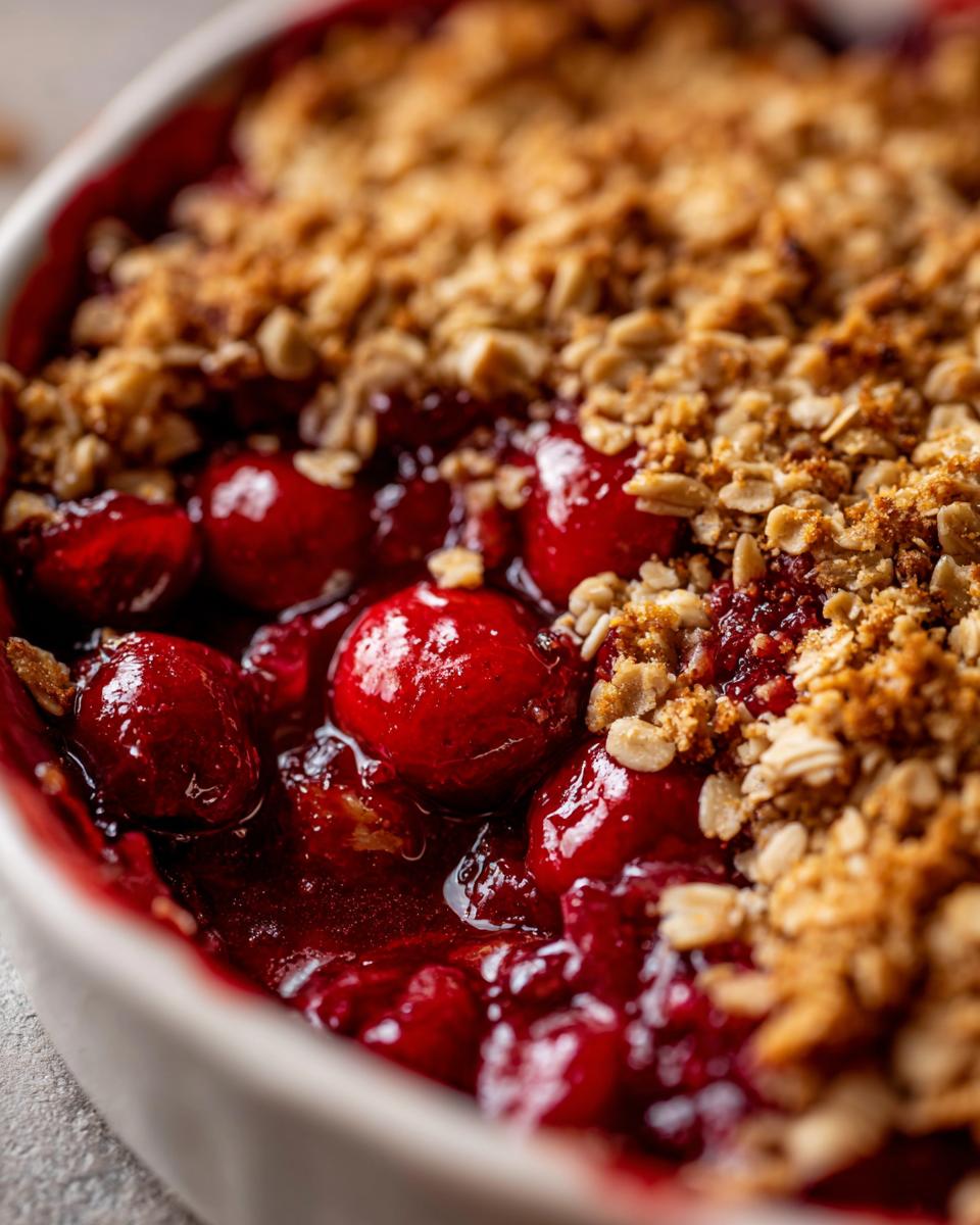 Close-up of a bubbly sour cherry crisp with a golden oat topping in a white baking dish.