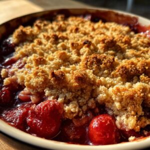 Close-up of a bubbling sour cherry crisp with a golden, crumbly topping.