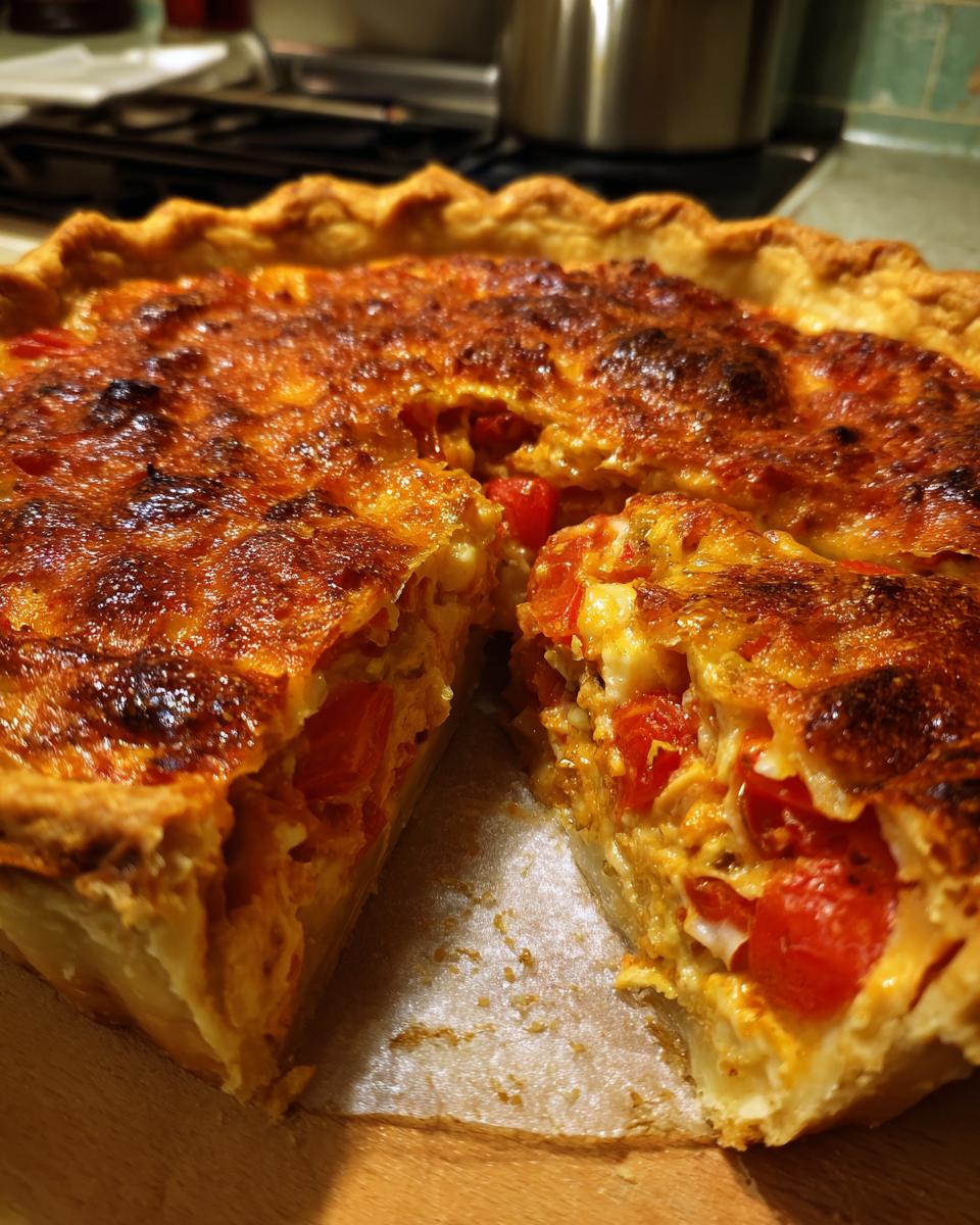A close-up of a slice of freshly baked southern tomato pie, revealing juicy tomatoes and a golden crust.