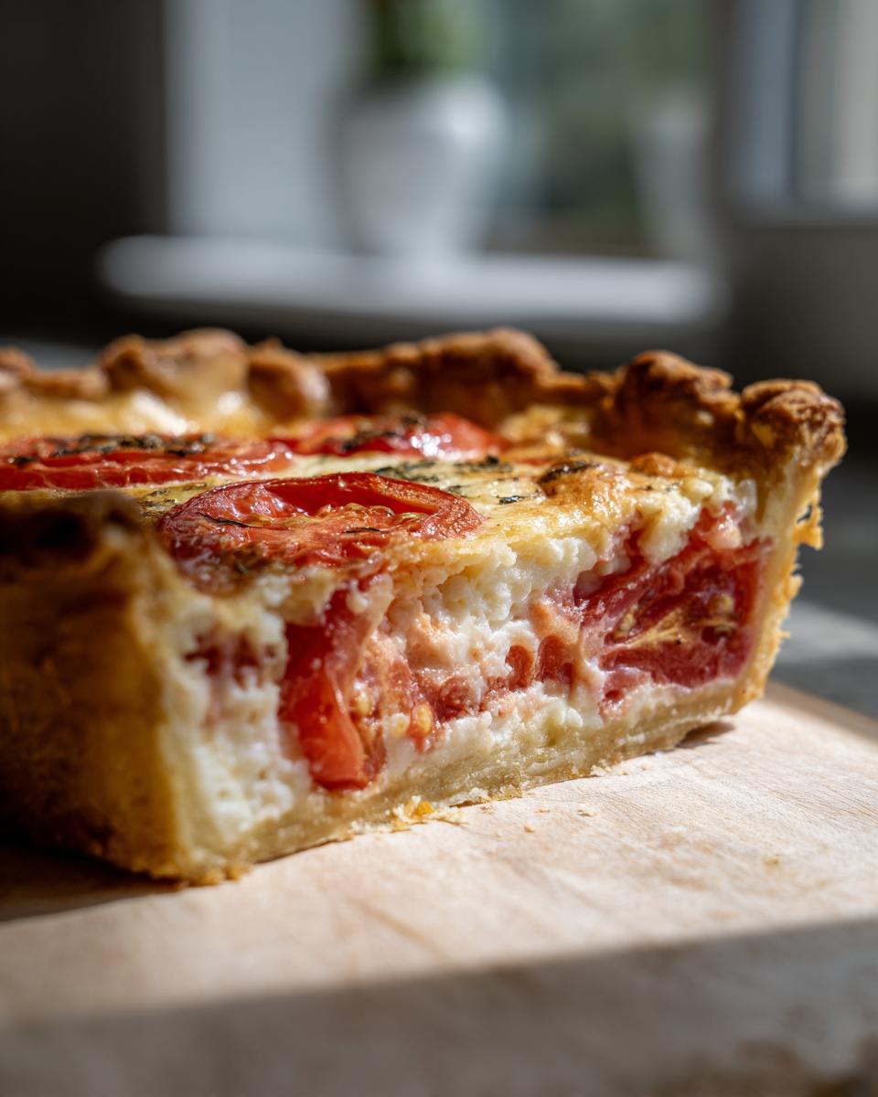 A close-up view of a slice of savory southern tomato pie, showcasing the flaky crust, fresh tomatoes, and creamy filling.