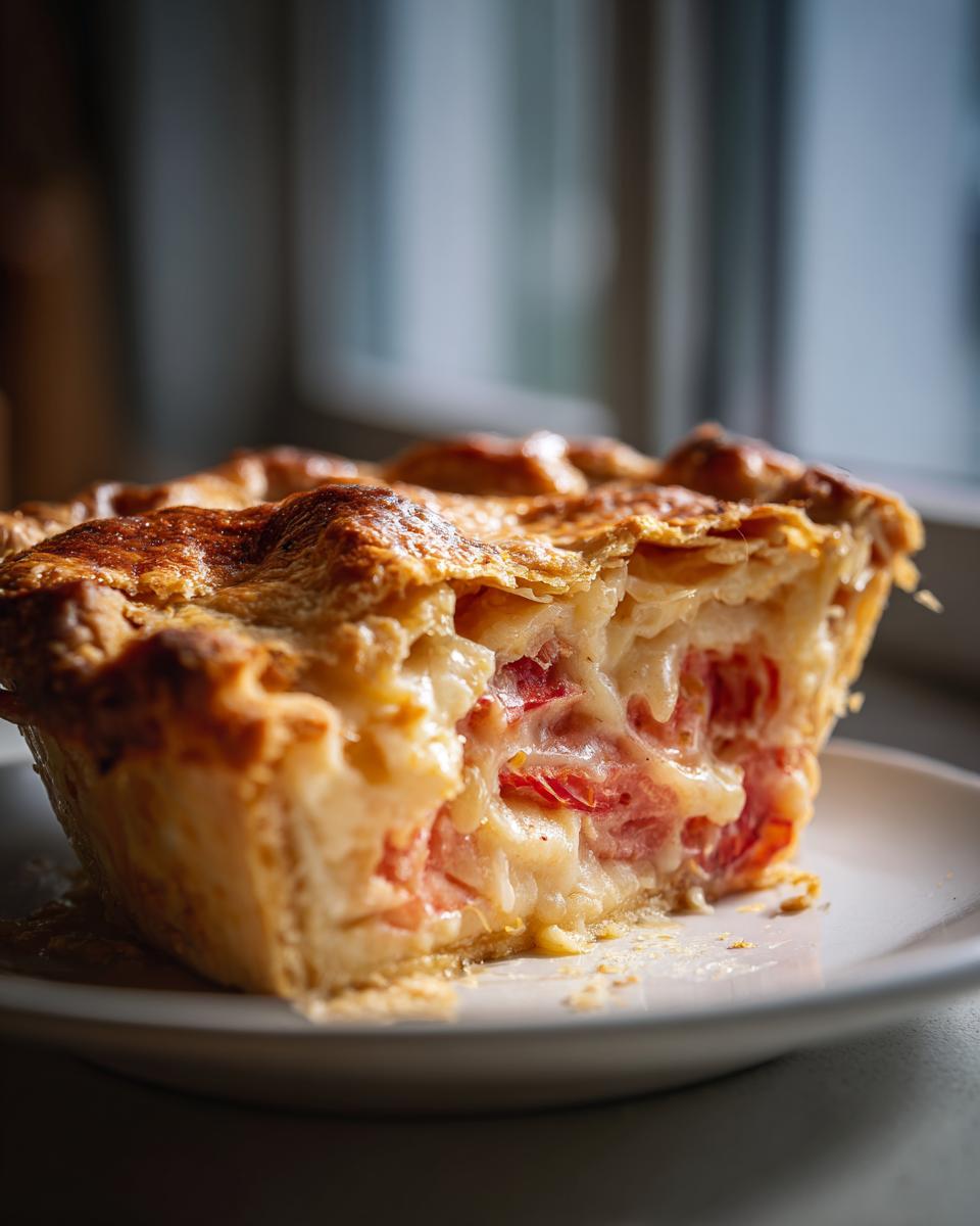 A close-up of a slice of southern tomato pie, showcasing the flaky crust and creamy tomato filling.