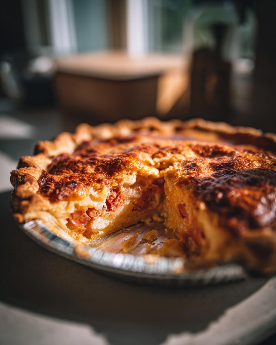 A slice of savory southern tomato pie with a golden crust and visible tomato filling.